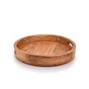 Plateau de service rond en bois d'acacia avec poignées pour servir des boissons, du thé, des desserts, des dîners, des petits-déjeuners - Product Image 3