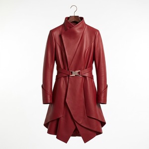 <b>Men's</b> Red Genuine <b>Leather</b> <b>Trench</b> <b>Coat</b> Stand Collar Long Slim Overcoat With Adjustable Belt - Product Image 1