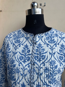 Chaqueta de pana con estampado indio a mano para mujer, acolchada con relleno de algodón, nuevo estilo, abrigo con estampado de flores azul cielo, a precio de fábrica. - Product Image 3