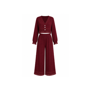 Ensemble deux pièces pour femmes, couleur bordeaux, manches longues, col en V, bordure en dentelle, pantalon large, ensemble décontracté printemps/été - Product Image 1