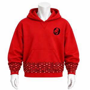 Mens <b>Red</b> Embroidered Border Hoodie Pullover Heavyweight Fleece Sweatshirt Decorative Hem Casual Streetwear Winter <b>Top</b> - Product Image 1