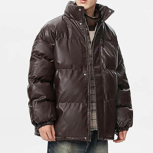 Men's Brown PU Puffer <b>Jacket</b> Stand Collar Zipper Closure Quilted Windproof Thick Winter Coat Casual Loose Fit - Product Image 2