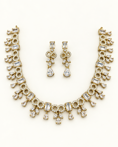 Collar chapado en oro antiguo con doble círculo de diamantes americanos, piedras rectangulares, colgantes de hoja marquesa y pendientes a juego - Proveedor - Product Image 1