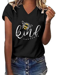 Women Crew Neck Short Sleeve <b>T</b>-<b>Shirt</b> Blue <b>Bee</b> Kind Print Casual Summer Top Cotton Jersey Regular Fit Anti-shrink Digital Printed - Product Image 2