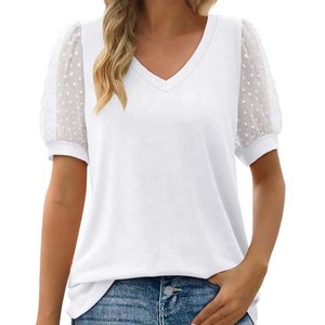 <b>Women's</b> Mint Green V-Neck T-Shirt With <b>Mesh</b> Puff Sleeves Casual Spring Summer <b>Top</b> Regular Fit Knitted Breathable Solid Color - Product Image 3