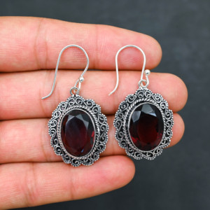 Customised <b>Red</b> Garnet LAB-CREATED 925 Sterling Silver <b>Earrings</b> 1.9" Handmade Gemstone Jewelry Antique Fine <b>Earring</b> Gift for Wome - Product Image 2