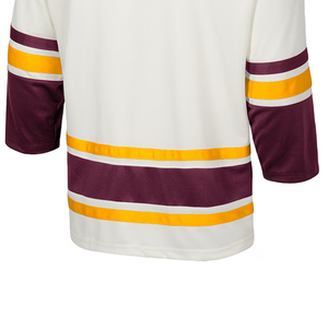 Jersey de Hockey sobre Hielo Sublimado Personalizado, Blanco, Marrón y Amarillo a Rayas, Manga Larga, Cuello en V, Cierre con Cordón, Transpirable, Poliéster, para Hombre Adulto - Product Image 5