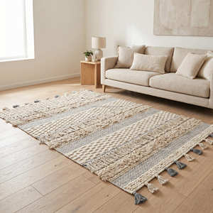 Boho Cotton Accent Rug with Textured Woven Surface and Contrast Fringe Detail - Product Image 4