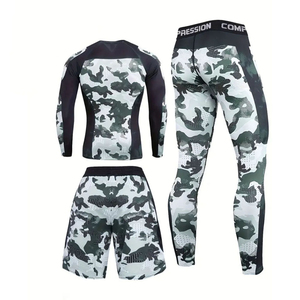 Men's 3-Piece <b>Compression</b> Workout Set Rashguard Long Sleeve <b>Shirt</b> Shorts Leggings MMA Gym Fitness Sportswear Wholesale OEM - Product Image 6