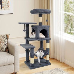 Albero per Gatti da Interno Grigio da 44 Pollici con Scomparti Multi-Livello, Cuccia a 2 Porte e Amaca Tiragraffi per Felini - Product Image 2