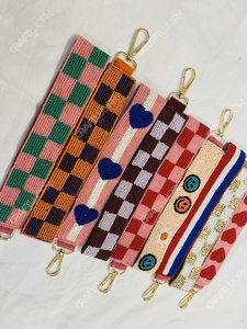 Handmade Beaded Pattern Handbag <b>Strap</b> Wide Checker Heart Motif Shoulder <b>Strap</b> Detachable Crossbody <b>Strap</b> with Metal Lobster Hook - Product Image 2