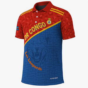 Maillot de football DR Congo imprimé en polyester élasthanne pour homme, motif léopard rouge et bleu, manches courtes, vintage, respirant - Product Image 3