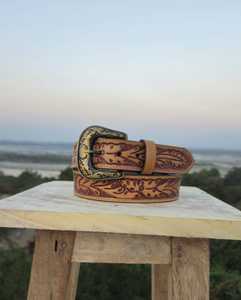 Premium Hand <b>Tooled</b> Cowboy Leather Belt with Vintage Floral Embroidery Alloy Western Rodeo Buckle Eco-Friendly & Waterproof - Product Image 1