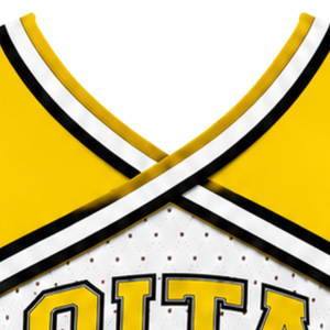 Haut court de cheerleading sans manches jaune, blanc et noir pour femme, col en V, uniforme de performance athlétique pour équipe, compétition sportive - Product Image 5