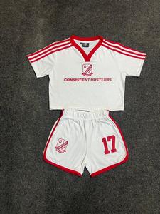 Customize Women's White <b>Red</b> <b>Crop</b> <b>Top</b> & Shorts Set V-Neck Sporty Style Number Printed Summer Wear - Product Image 4