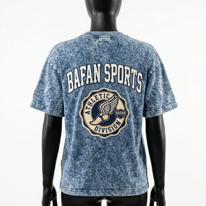 Camiseta Acid Wash para Mujer, 220 GSM, Algodón Suave, Color Azul Stone Wash, Estilo Urbano, Logotipo Personalizado - Product Image 5