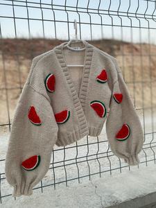 Women's <b>White</b> Hand <b>Knitted</b> <b>Cardigan</b> With Watermelon Appliques Puff Sleeve V Neck Crop Length Casual Sweater - Product Image 4