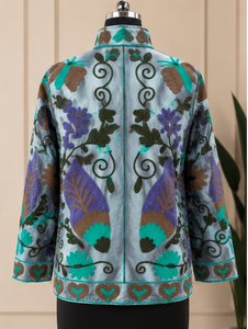 Blouson Bomber de Luxe en Velours Pur Rose à Motifs Floraux Folkloriques, Col Mandarin, Style Vintage Artisanat Multicolore Jaipuri Bohème Respirant pour Femme - Product Image 2