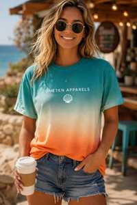Camiseta de Verano para Mujer, Color Verde Azulado y Naranja, Manga Corta, Cuello Redondo, Corte Holgado, Informal, de Algodón Transpirable, con Logotipo - Product Image 5