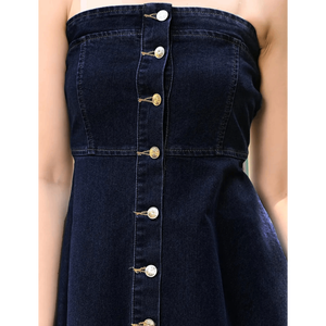 Vestido midi vaquero sin tirantes para mujer con botones, corte A, acampanado, en índigo crudo, escote corazón, vestido vaquero de verano con cierre frontal de botones - Product Image 2