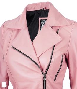 Veste de motard asymétrique en cuir véritable rose pour femme, coupe-vent, éco-responsable, col mandarin, fermeture éclair, fabriquée sur mesure - Product Image 5