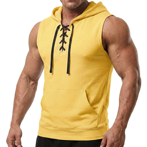 Débardeur à capuche sans manches pour homme, personnalisé OEM, avec laçage frontal, en coton premium, pour l'entraînement, avec poche kangourou - Product Image 4