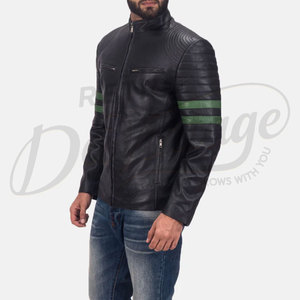 Blouson de motard en cuir noir premium pour homme, en véritable peau de mouton, coupe ajustée, avec rayures vertes, style motard, veste de mode Cafe Racer - Product Image 5