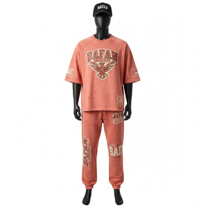 Ensemble deux pièces pour homme en coton polyester de haute qualité, tissu éponge français 300 GSM, respirant, couleur pêche, logo imprimé. - Product Image 6