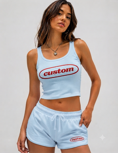 Custom Women's Two Piece Tank Top Shorts <b>Set</b> Light Blue Sleeveless <b>Knitted</b> Casual Summer Outfit Breathable Sportswear - Product Image 1