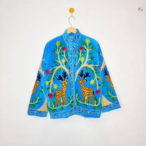 Boho Turquoise <b>Velvet</b> Suzani <b>Jacket</b> <b>Women</b> Deer Embroidery Floral Tree Life Ethnic Folk Art Handmade Cotton ODM Wholesale - Product Image 1