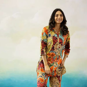 Conjunto Coordinado de Algodón Abstracto Rust, Conjunto Casual de Algodón con Bordado Pesado, Top con Cuello y Botones Delanteros - Product Image 1