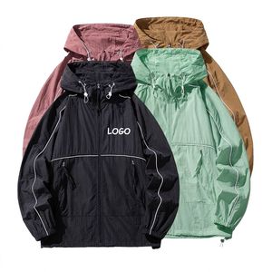 Veste coupe-vent à capuche pour homme, décontractée, avec fermeture éclair, couleur unie, en polyester, coupe classique, logo sur le devant, idéale pour le printemps - Product Image 3