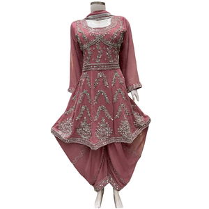 Conjunto FAMUCAAS rojo/borgoña estilo afgano con Kurti/Frock y pantalón Salwar, con bordado a mano en georgette, ideal para bodas y fiestas. - Product Image 6