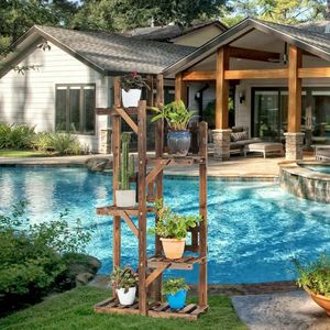 Pianta in legno a 5 livelli con 6 vasi espositore fioriera per mobili da giardino - Product Image 1