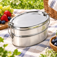 Boîte à lunch ovale à double étage en acier inoxydable, récipient alimentaire étanche avec couvercle pour adultes, école, bureau