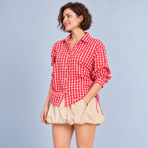 Chemise boutonnée à carreaux rouges pour femmes, coupe ample, manches trois quarts, chemisier décontracté - Product Image 2