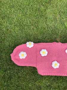 Pink Hand Knitted Puff Sleeve Sweater With Daisy Flowers Crew Neck Women's Autumn Pullover Sweet Style Thick Acrylic Knitwear - Product Image 6