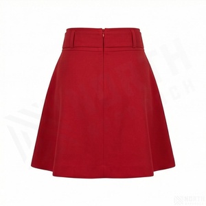 <b>Women's</b> <b>Red</b> Korean Style High Waist Denim A-Line Mini <b>Skirt</b> with Sash Belt 100% Polyester - Product Image 2