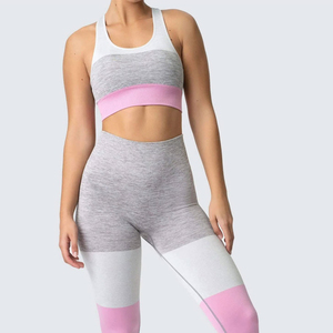 Women's Color Blocking Yoga Set Racerback <b>Crop</b> <b>Top</b> High Waist Full Length Leggings Seamless Sweat-Wicking Pink Gray White - Product Image 6