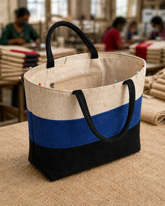 Bolsa de Yute Premium Tricolor Azul, Negro y Blanco con Asas Negras |   Bolsa de Transporte Ecológica y Elegante para Uso Diario - Product Image 6