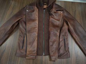 Veste de moto en cuir véritable respirante pour homme, col montant, fermeture éclair, rayures rouges unies, style moto et motard, toutes saisons - Product Image 4