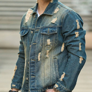 Veste en jean unie pour homme, effet vieilli, avec poche avant, boutons, manches longues, style vintage, entièrement personnalisable - Product Image 4