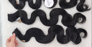 ผม GUGU HAIR เกรด 10A แบบ Remy Hair Bundles ลอน Body Wave เย็บสองชั้นด้วยเครื่องจักร พร้อมผมปิดหน้าผากแบบลูกไม้ ผมเวอร์จินเวียดนาม สีธรรมชาติ ไม่ผ่านการย้อม - Product Image 1