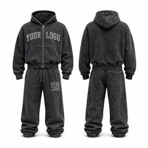 Men's Vintage Washed Black Zip Up <b>Hoodie</b> and Sweatpants Set Baggy Streetwear Tracksuit - Product Image 2