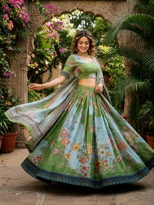 Ensemble Lehenga Choli en soie traditionnelle indienne moderne pour femmes avec broderie élégante et dupatta assorti pour les tenues de mariage - Product Image 5