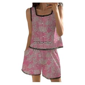 Conjunto de Pijama Corto de Algodón con Estampado Floral Bohemio y Ribete de Encaje para Mujer, Conjunto de Pijama sin Mangas con Estampado Floral para Primavera/Verano, Venta al por Mayor - Product Image 4
