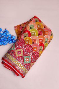 Tissu en crêpe naturel rouge à motifs géométriques miroir, avec bordure épaisse, pour Kurti de créateur et tissu pour robe ethnique - Product Image 2