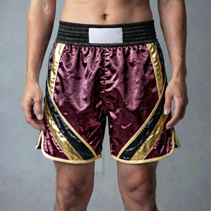 Shorts de boxe bordeaux pour hommes avec bordure dorée et noire en polyester, durables, pour l'entraînement toute saison - Product Image 1