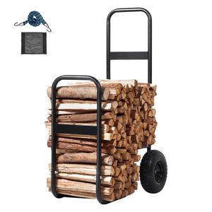 250 Lbs Load Capacity Firewood Log <b>Cart</b> Pneumatic Rubber Wheels Heavy Duty Indoor Outdoor Wood Rack <b>Storage</b> for Hand <b>Carts</b> - Product Image 1