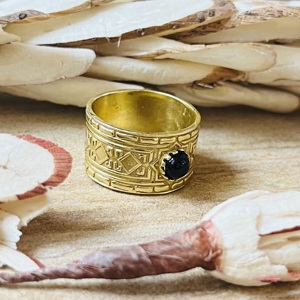 Premium <b>Silver</b> Eye Geometric Design Black Onyx <b>Ring</b> Gold Plated Vintage Style Wide Band Statement Tribal Look Certified <b>Ring</b> - Product Image 3